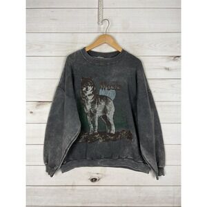 VTG Lone Wolf Sweatshirt Mens XXL Gray Relaxed Chunky Crewneck Outdoor Nature